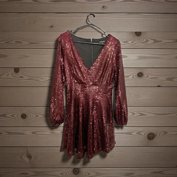 Gianni Bini Burgundy Sequin Long Sleeve Dress - Picture 4 of 5